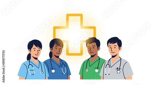 Healthcare Team: Illustrative healthcare professionals are gathered in solidarity, symbolizing the core values of medicine and healthcare professionals. Representing a beacon of hope and support. 