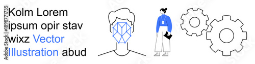 Facial recognition, workforce management, data privacy, technical processes, human resources, digital identity. Geometric face scan, businesswoman gears. Facial recognition and workforce management