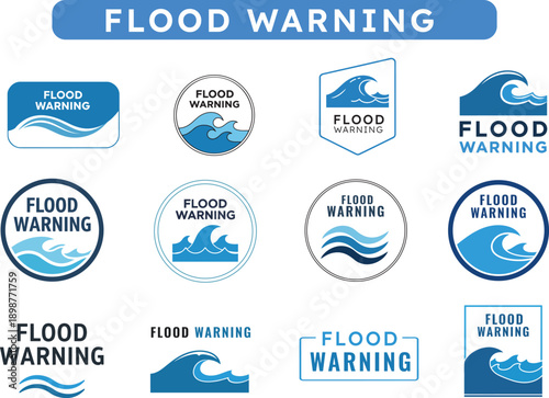 collection of flood warning logos and blue wave icons for emergency alert signs