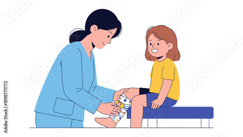 A Doctor and Child: A compassionate doctor providing care, comforting and bandaging a cheerful young patient, symbolizing healthcare