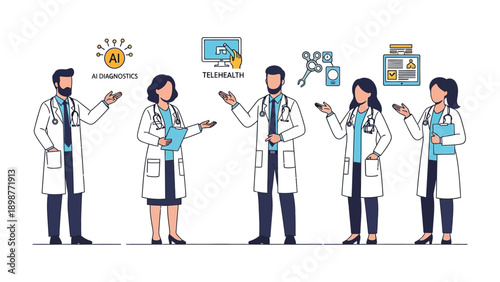 Doctors in Future Healthcare: A team of doctors are at the forefront of the future, they are ready to show the progress that modern technology has brought to healthcare.
