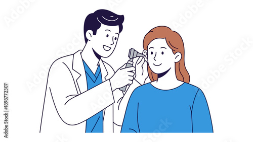 Medical Examination: A doctor, with a gentle smile, uses an otoscope to examine a patient's ear, depicting a scene of care and medical expertise.