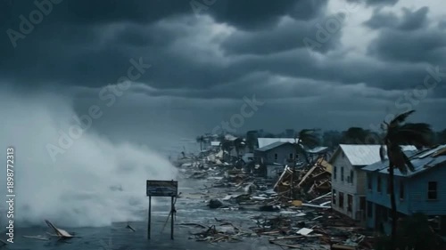 Destructive ocean storm surges across a coastal community, showcasing the raw power of nature amidst storm clouds, and the impact on the town's buildings.