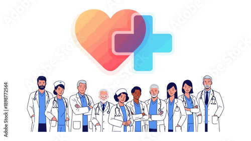 Healthcare Professionals: A dedicated team of medical professionals, united in their commitment to care, stands together, symbolizing unity and compassion with a heart and plus sign.