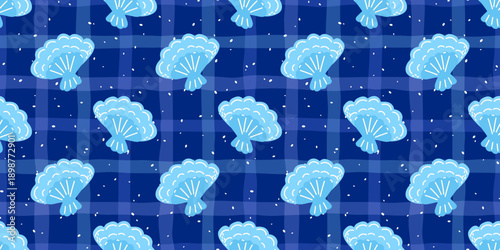 Vector seamless pattern with bright sea shells on a blue background. Minimal and modern marine design perfect for summer textiles, wrapping paper, and beach-themed decor