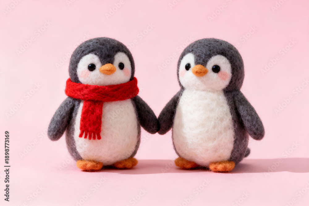 Fototapeta premium Cute Pair of Needle Felted Wool Penguins Holding Hands on Pink Background; Adorable Handmade Animal Couple with Red Scarf for Valentine's Day or Romantic Greeting Card Concept