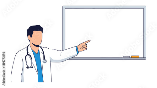 Doctor's Presentation: A doctor, with a stethoscope around their neck, points towards a blank whiteboard, ready for a presentation in a clinical or academic setting.
