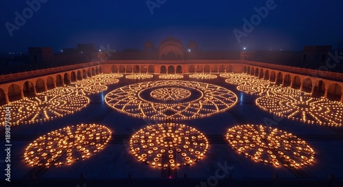 Aerial view of illuminated courtyard with decorative lights at night