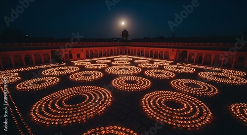 Illuminated courtyard with circular patterns of oil lamps at night