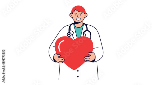 Medical Professional with Heart: A doctor, radiating compassion and care, holds a bright red heart, symbolizing health, well-being, and medical expertise.