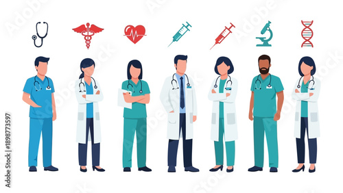 Healthcare Professionals in Unity: A diverse and skilled group of healthcare workers stands together, symbolizing care and expertise. Showcasing dedication, compassion, and the pursuit of well-being.