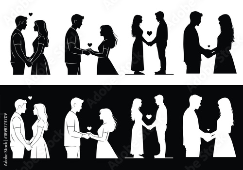 minimalist flat illustration depicting a couple holding hands on Valentine’s Day, black and white silhouette style, no outlines, clean layout