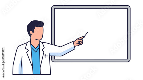 Medical Presentation: A healthcare professional presents information, holding a pointer near a clean, blank whiteboard, designed to evoke the essence of instruction and patient education.