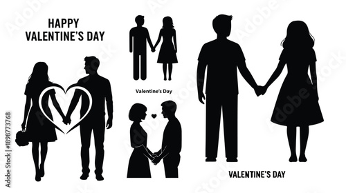 flat design illustration of a couple holding hands on Valentine’s Day, white and black silhouette style, no outline, clean composition.