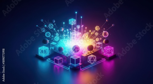 Abstract illustration showing foundational data points forming the basis of a complex creation or resulting structure, genesis, raw, blueprint