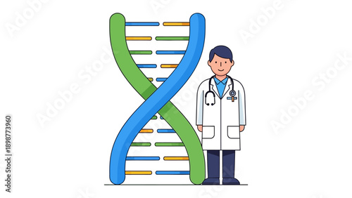 DNA strand and doctor: A doctor stands beside a DNA strand. Illustrating the advancements in medical and genetic science.