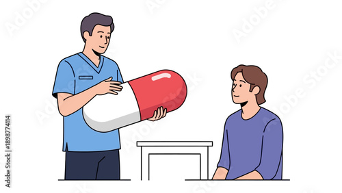 Healthcare: Doctor's Consultation on a Giant Capsule: A healthcare professional consults with a patient, holding a giant capsule representing a medical treatment.