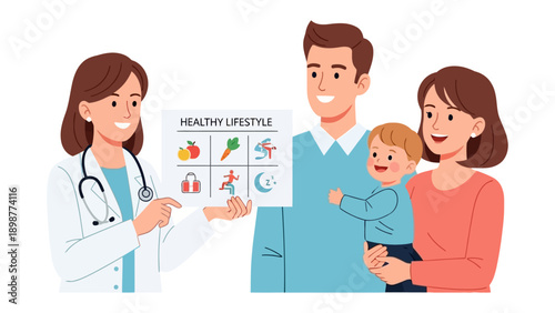 Guidance for a Healthier Tomorrow: A healthcare provider illustrates the principles of a healthy lifestyle to a family, promoting wellness and informed decision-making for a balanced life.