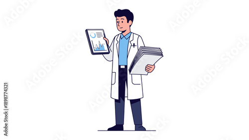 Medical Analysis Illustration: A medical professional, immersed in the study of complex data and charts on a digital tablet.