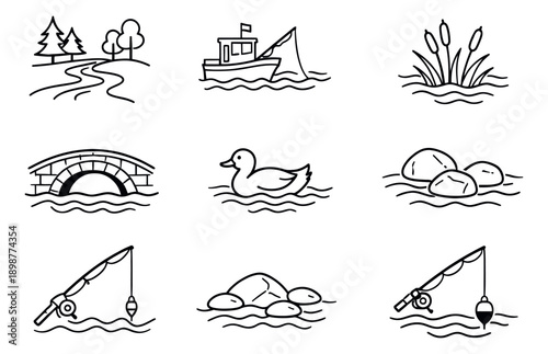 Hand drawn line art outdoor and fishing elements set featuring a river landscape, fishing boat, duck, bridge, and fishing rods for recreation