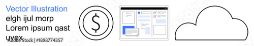 Cloud storage, financial management, data organization, software design, business tools, online services. A dollar sign, a software interface and a cloud shape. Cloud storage and financial