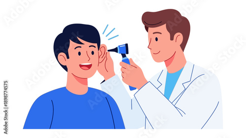 Hearing Examination: A medical professional uses an otoscope to examine the ear of a smiling patient, a symbol of care and diagnostics in healthcare settings.