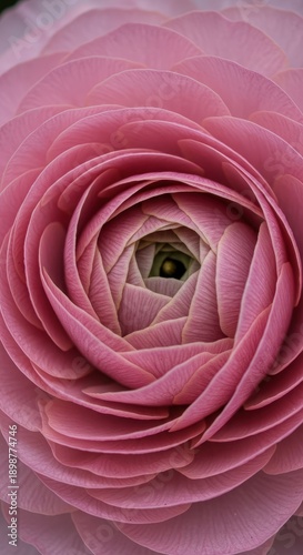 Extreme close-up of a stunning pastel pink ranunculus blossom showing the intricate layers of delicate, ruffled petals in soft focus, creamy, abstract, graceful