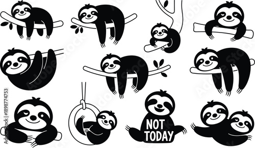 Black and white cartoon sloth hanging on branches