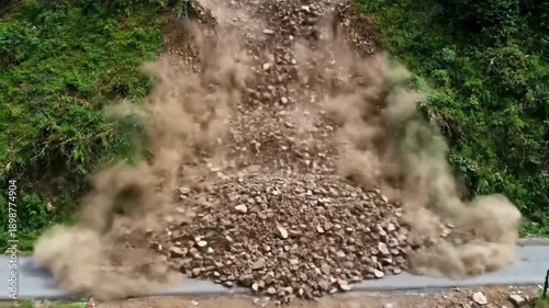 An impactful visual of a powerful landslide crashing down onto a road. The scene evokes the raw force and untamed nature's power.