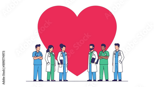 Medical Team with A Big Heart: Depicting a healthcare team with a prominent heart symbolizing compassion and dedication, expressing the care and support provided by medical professionals.