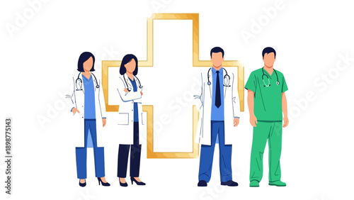 Healthcare Heroes: A dedicated team of medical professionals, united by a shared purpose, stands ready to provide care and healing. Captured with modern and clean lines, this image speaks of hope.