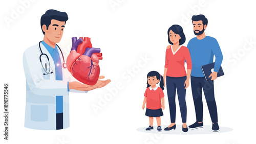 Healthcare and Family: A medical professional delicately holds a heart while a family watches, emphasizing health and well-being.