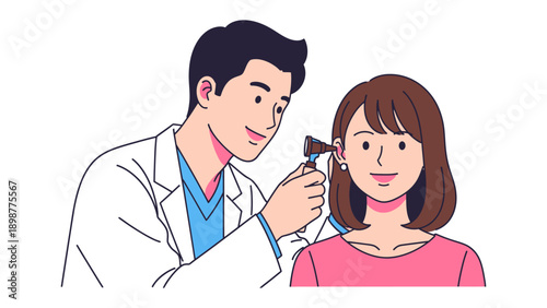 Medical Examination: A compassionate doctor uses an otoscope to examine a patient's ear, conveying a sense of care and health.