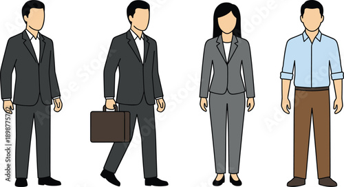 Business people illustration, formal attire, casual clothing, office workers, professional environment, workplace diversity, corporate lifestyle, teamwork concept, modern business dress code