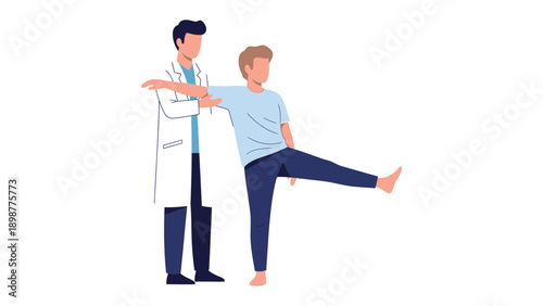 Medical Examination: A health professional guides a patient in a medical check-up, offering support as he performs balance exercises.