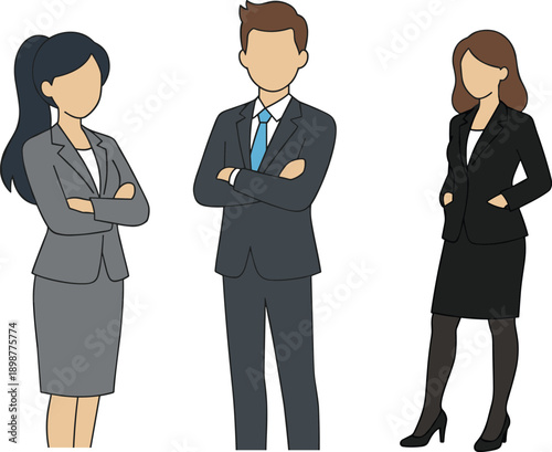 Business professionals illustration, corporate attire, formal suits, confident posture, office workers, workplace diversity, career lifestyle, teamwork concept, modern professional environment