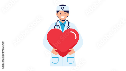 Doctor with a Heart of Care: A compassionate doctor, holding a bright red heart, embodies healthcare, compassion, and well-being. This image is a symbol of dedicated support, empathy.