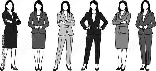 Businesswomen, corporate diversity, professional attire, office teamwork, female executives, workplace equality, career success, leadership roles, business collaboration, formal clothing
