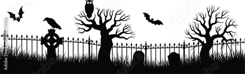 Black silhouette of graveyard with trees bats and birds fence