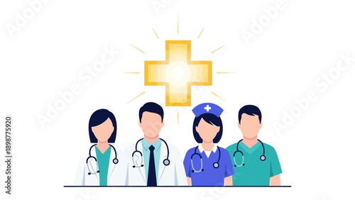 Healthcare Team: A dedicated medical team, comprised of doctors and a nurse, stands united, symbolizing compassion and care, with a bright cross above.