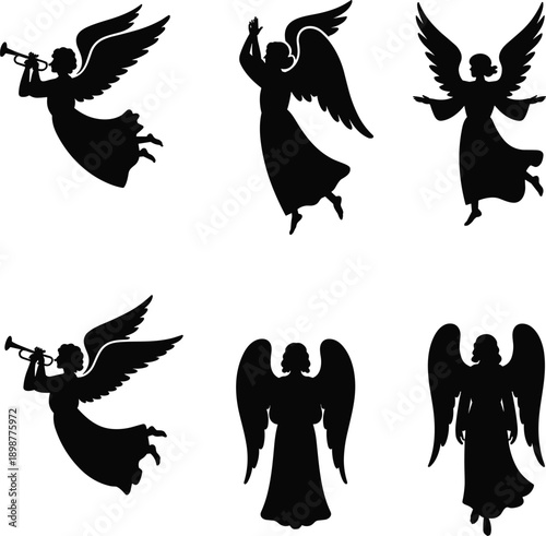 Black silhouettes of angels in various poses on white background