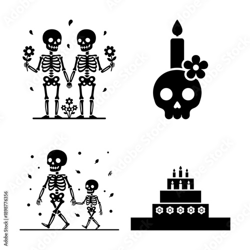 Mexican Day of the Dead skeleton family silhouette vector bundle