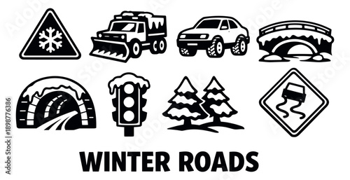 Modern graphic winter road icon set featuring road signs, vehicles, and snowy landscapes for winter transportation
