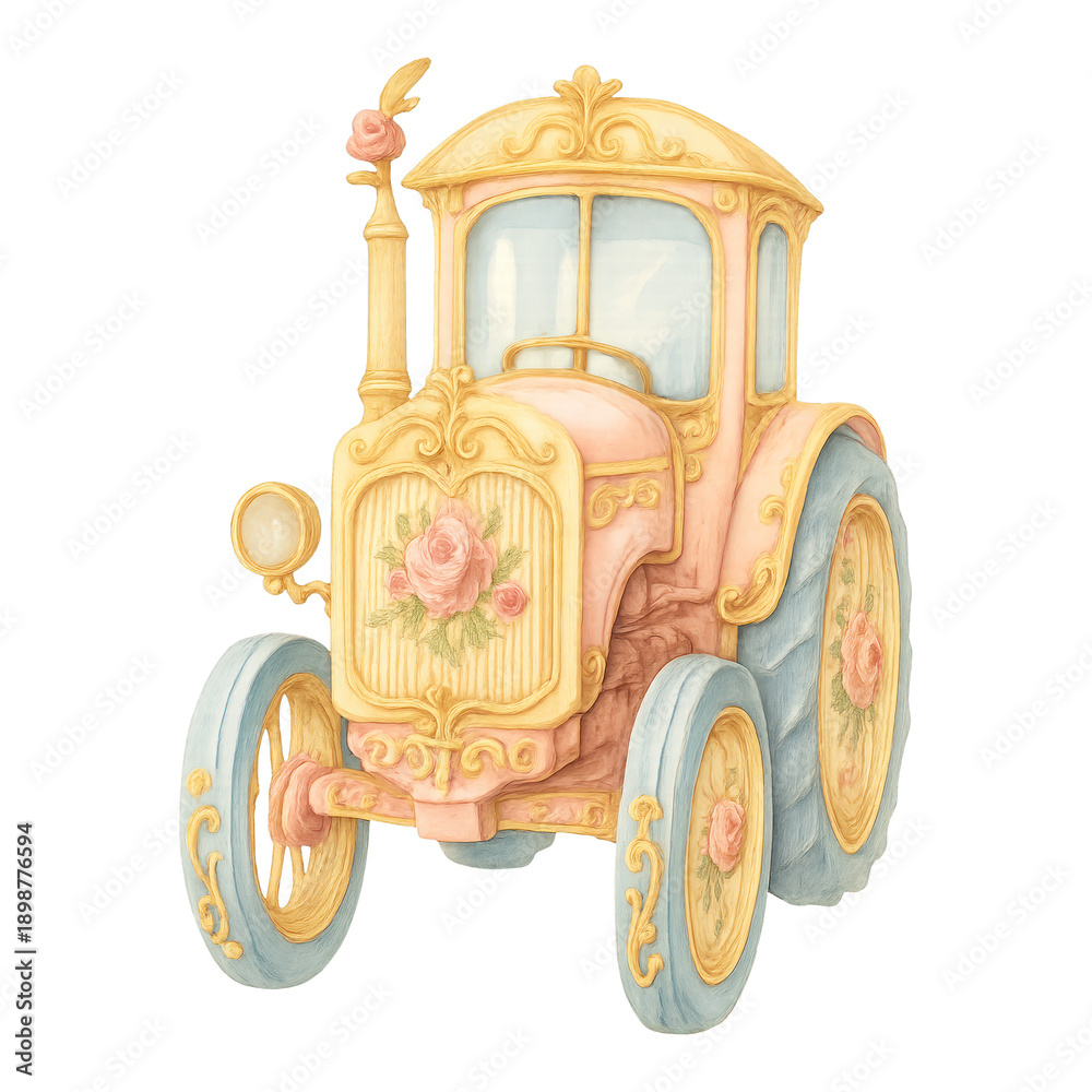 Obraz premium PNG Vintage floral tractor illustration.