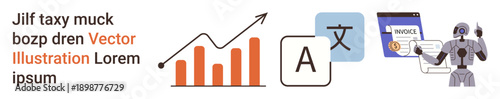 Data analytics, artificial intelligence, automation, language translation, financial management, futuristic technology. Graph with upward arrow, translation icon robot and invoice. Data analytics