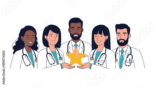Healthcare Team & Star Symbol: Group of healthcare professionals with star symbol, showcasing unity, care, and quality.
