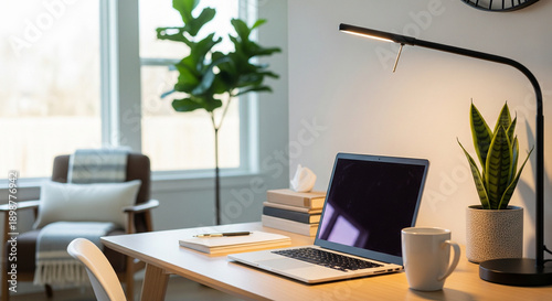 Stylish home office setup with laptop and plants