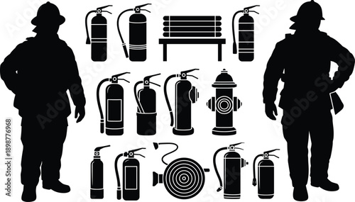 Firefighters and firefighting equipment silhouettes fire extinguishers fire hydrant 3 fire hose bench