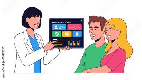 Medical Consultation & Technology: A doctor provides insightful medical information on a digital screen, offering guidance to a couple on their health and well-being.