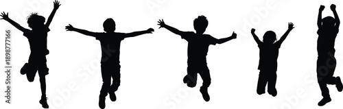 Five black silhouettes of children jumping with arms raised white background